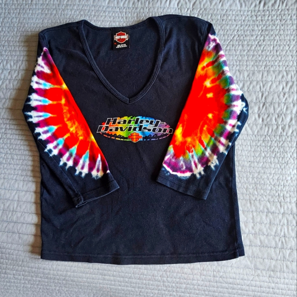HARLEY-DAVIDSON SHIRT DARK BLUE TIE DYE 3/4 SLEEVE V NECK T SHIRT WOMEN’S XL